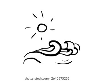 Minimalist black and white line illustration of a wave and sun. Stylized wave flowing under a shining sun. Perfect for summer themes and nautical designs.