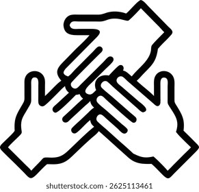 Minimalist Black and White Line-Art Illustration of Three Overlapping Hands in Triangular Formation Symbolizing Unity

