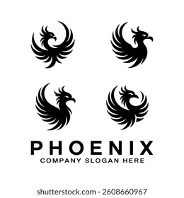 A minimalist black and white logo design featuring a stylized phoenix head. The phoenix is created with flowing, curved lines giving it a dynamic, graceful appearance