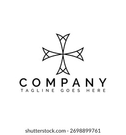A minimalist black and white logo features an abstract geometric cross symbol above the word