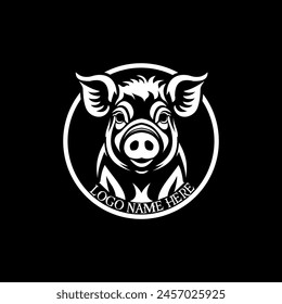 Un logotipo minimalista en blanco y negro con una cara de cerdo estilizada dentro de un círculo. Personalizable con el nombre y el lema de su empresa. Perfecto para granjas, carnicerías, marcas de alimentos, o cualquier empresa 