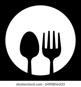 Logo minimalista en blanco y negro con una silueta de cuchara y tenedor dentro de un círculo. Ideal para restaurantes, cafés y negocios culinarios.