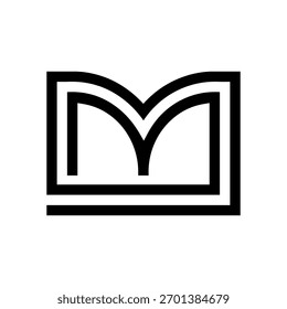 Um logotipo minimalista preto e branco com uma letra M estilizada com linhas duplas, assemelhando-se a um livro aberto ou estrutura arquitetônica.