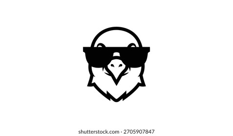 A minimalist black and white logo featuring an eagle's head wearing stylish sunglasses, exuding a cool and confident vibe. The design is clean and modern, perfect for branding.