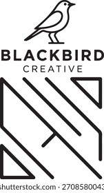 Minimalist black and white logo featuring a stylized bird silhouette atop the text "BLACKBIRD CREATIVE" with an abstract geometric "S" design below.