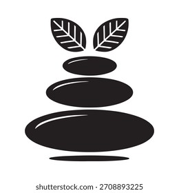 Um logotipo preto e branco minimalista com pedras zen empilhadas coberto com duas folhas estilizadas, simbolizando equilíbrio e natureza.