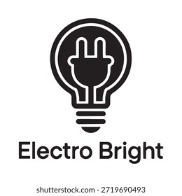 Um logotipo minimalista preto e branco com uma lâmpada elétrica com um símbolo de plugue elétrico dentro dela. O texto 'Eletro Bright' está escrito abaixo da lâmpada.