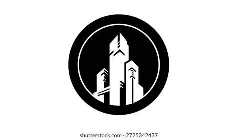 Logotipo minimalista en blanco y negro con una silueta estilizada de paisaje urbano dentro de un marco circular. El diseño evoca un sentido de desarrollo urbano y arquitectura moderna, adecuado para