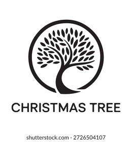 Logotipo minimalista en blanco y negro con un árbol de Navidad estilizado dentro de un marco circular, con el texto 'ÁRBOL DE NAVIDAD' debajo.