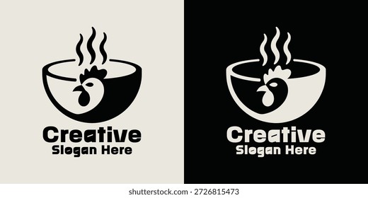 Minimalistisches schwarz-weißes Logo mit einer dampfenden Schüssel, die einen stilisierten Hühnerkopf enthält, perfekt für das Restaurant-Branding