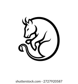 Un logotipo minimalista en blanco y negro con un toro enrollado en un círculo, que representa la fuerza y la estabilidad.