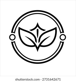 A minimalist black and white logo featuring three stylized leaves pointing upwards, enclosed within a double circular frame with two small side circles.