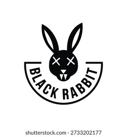 A minimalist black and white logo featuring a stylized rabbit head with crossed out eyes and the words Black Rabbit curved below.