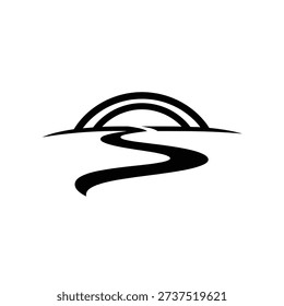 Minimalist black and white logo featuring an abstract bridge arching over a winding river, symbolizing connection, journey, and forward movement. Clean, modern graphic.
