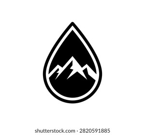 A minimalist black and white logo featuring sharp mountain peaks encapsulated within the outline of a water droplet, symbolizing nature and purity.