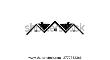 A minimalist black and white logo featuring three interconnected house roofs with small windows and chimneys, symbolizing community, real estate, and housing.