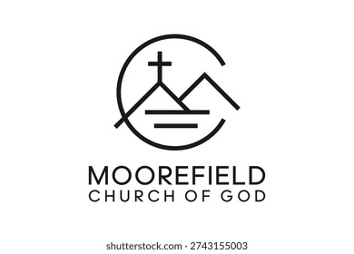 A minimalist black and white logo for Moorefield Church of God featuring a circular emblem with a cross atop mountains.
