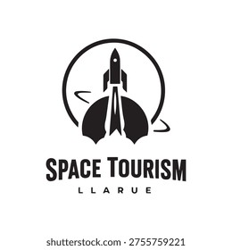 A minimalist black and white logo for a space tourism company named Llarue. The design features a rocket taking off from a planet inside a circle.