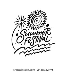 Un logotipo minimalista en blanco y negro para un festival de verano con un sol y fuegos artificiales. El diseño incluye una fuente inspirada en el gesto, un árbol y Formas geométricas como rectángulos y círculos