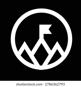 Minimalist black and white logo with three mountain peaks and a flag in a circle. Represents adventure, goals, and achievement.