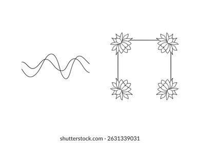 Minimalist black and white lotus flower frame with simple wavy lines illustration
