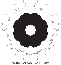Um design de mandala simples e elegante preto e branco com curvas simétricas suaves, ideal para meditação ou fins decorativos