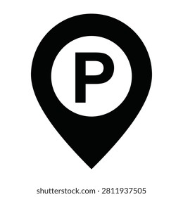 A minimalist black and white map pin icon featuring the letter P, representing a parking area, garage, or vehicle storage location for navigation and digital maps.