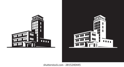 Minimalist Black and White Modern Tower Building Illustration - Geometric Skyscraper Design, Simple Architectural Shape Vector Icon, and Contemporary Urban Edifice Graphics