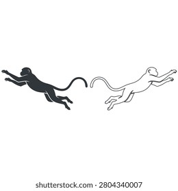 Minimalist black and white monkey silhouettes leaping through the air in a dynamic artistic style