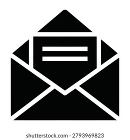 A minimalist black and white open envelope icon representing digital email communication, messaging, correspondence, and information exchange for modern web interfaces.