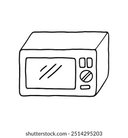 Un dibujo minimalista en blanco y negro de un horno de microondas, centrándose en la forma y los controles básicos