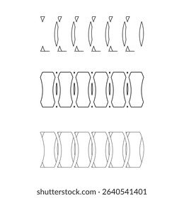 A minimalist black and white outline drawing showing three rows of abstract, interconnected geometric shapes, including triangles and rounded forms, on a plain white background.