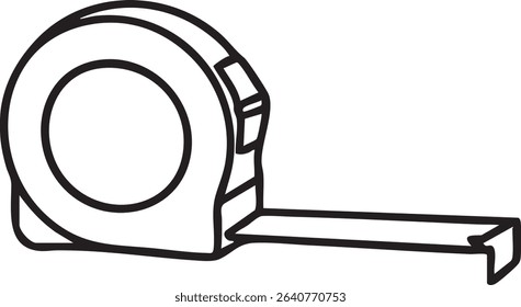 A minimalist black and white outline drawing of a tape measure, commonly used for measuring in construction and DIY projects.