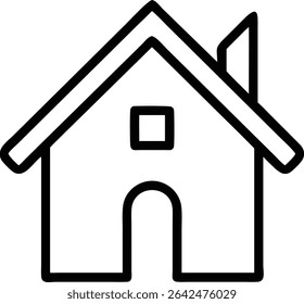 A minimalist black and white outline drawing of a simple house featuring a roof, chimney, door, and window, perfect for icons and architectural designs.