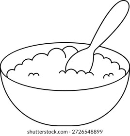 A minimalist black and white outline drawing of a deep bowl filled with rice, grains, or porridge, featuring a spoon resting inside. This simple vector-style graphic is ideal for food icons, healthy eating blogs, or children's coloring activities.