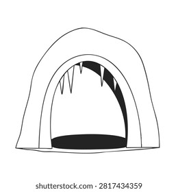 A minimalist black and white outline drawing depicting the mouth of a frozen cavern or ice cave with sharp icicles hanging from the top edge.