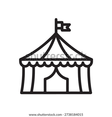 A minimalist black and white outline drawing of a traditional circus tent, featuring a pointed roof, scalloped edges, an entrance, and a small flag on top, representing entertainment and events.