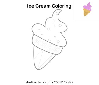 A minimalist black and white outline of an ice cream cone, ideal for coloring books, educational tools, or creative projects. The design includes simple details, making it suitable for children.