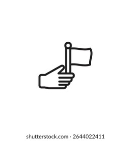 A minimalist black and white outline icon shows a hand holding a small flag on a pole, symbolizing victory, guidance, or marking a specific point or goal.