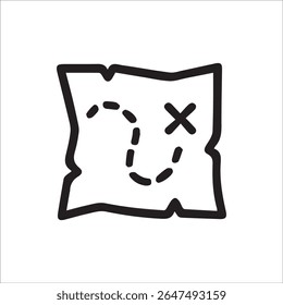A minimalist black and white outline icon of an aged treasure map featuring a dashed route and a prominent X indicating the secret location of a hidden treasure.