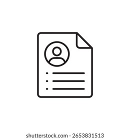 A minimalist black and white outline icon representing a resume or CV. It features a profile picture placeholder and bullet points, symbolizing personal information and qualifications.
