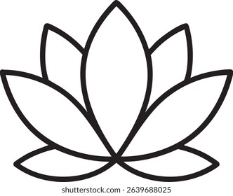 A minimalist black and white outline illustration of a lotus flower, perfect for designs related to spirituality and wellness.
