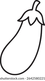 A minimalist black and white outline illustration of an eggplant, featuring its distinctive shape and leafy stem.