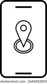 A minimalist black and white outline illustration of a smartphone. The screen displays a prominent location pin icon, symbolizing GPS, navigation, or mapping applications.