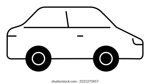 Minimalist black and white outline of a sedan car in side view with basic geometric shapes. Ideal for automotive, transport, design simplicity, children's books, and iconography. Minimalist art style.