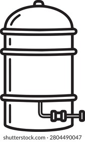 Minimalist black and white outline of a small storage shed with arched roof and doors.