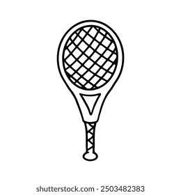 A minimalist black and white outline of a tennis racket with detailed strings and a simple handle.