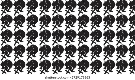 Um padrão minimalista em preto e branco composto por símbolos repetitivos que representam o empoderamento feminino, a igualdade e os direitos das mulheres, evocando um sentimento de solidariedade e ação coletiva