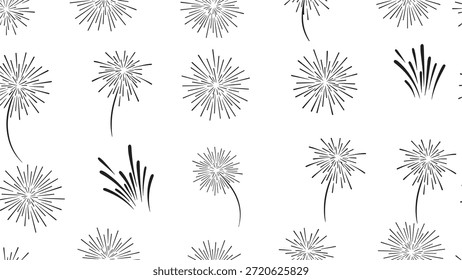 Um padrão minimalista em preto e branco de explosões de fogos de artifício em várias formas e tamanhos, perfeito para cenários de celebração, projetos festivos e elementos gráficos de chamar a atenção em um ambiente elegante e
