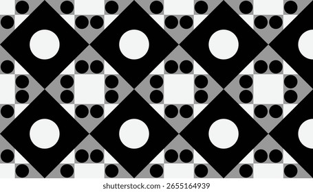 Minimalistisches Schwarz-Weiß-Muster mit sich wiederholenden diagonalen Blöcken und kreisförmigen Akzenten